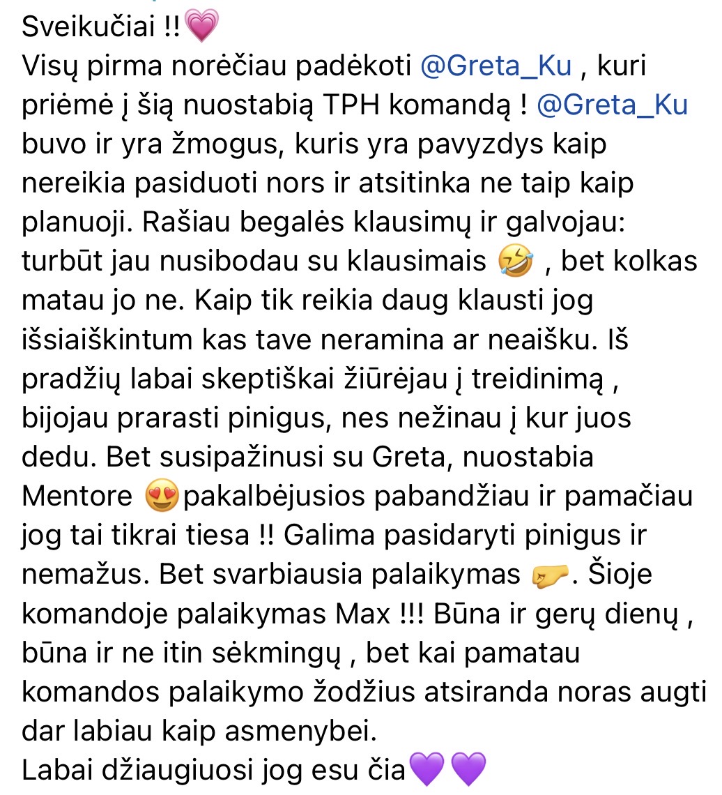 Atsiliepimas apie mentorystę ir TPH komandą