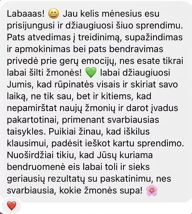 Atsiliepimas apie bendruomenę ir šiltą požiūrį